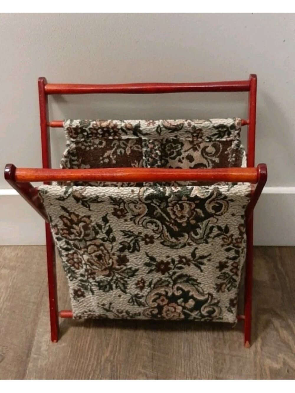 Vintage Knitting Sewing Crochet Craft Caddy Basket Tapestry Folding Wood